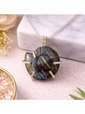 Labradorite & Copper Pendant Necklace Ursula-Inspired Design 18" S925 Plated Cha